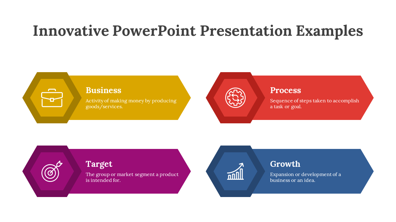 Infographic slide with four hexagonal sections representing Business, Process, Target, and Growth, each with an icon.