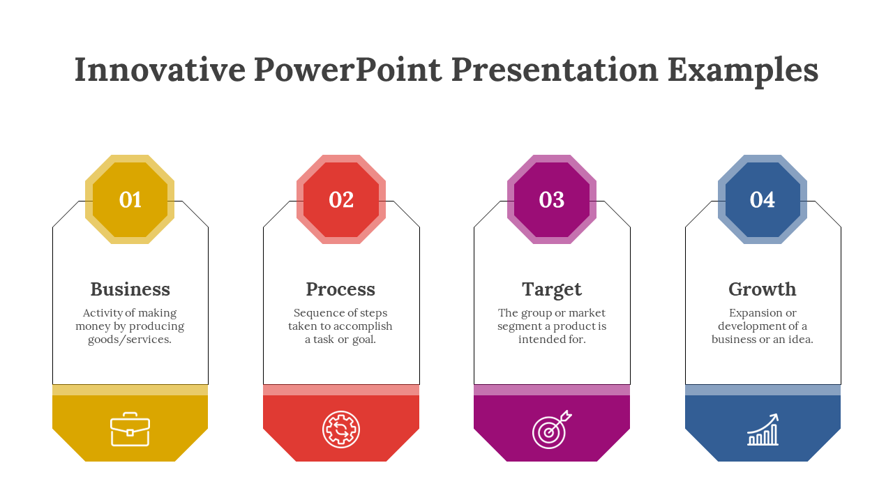 PowerPoint slide showing four numbered sections Business, Process, Target, and Growth, each with icons and descriptions.