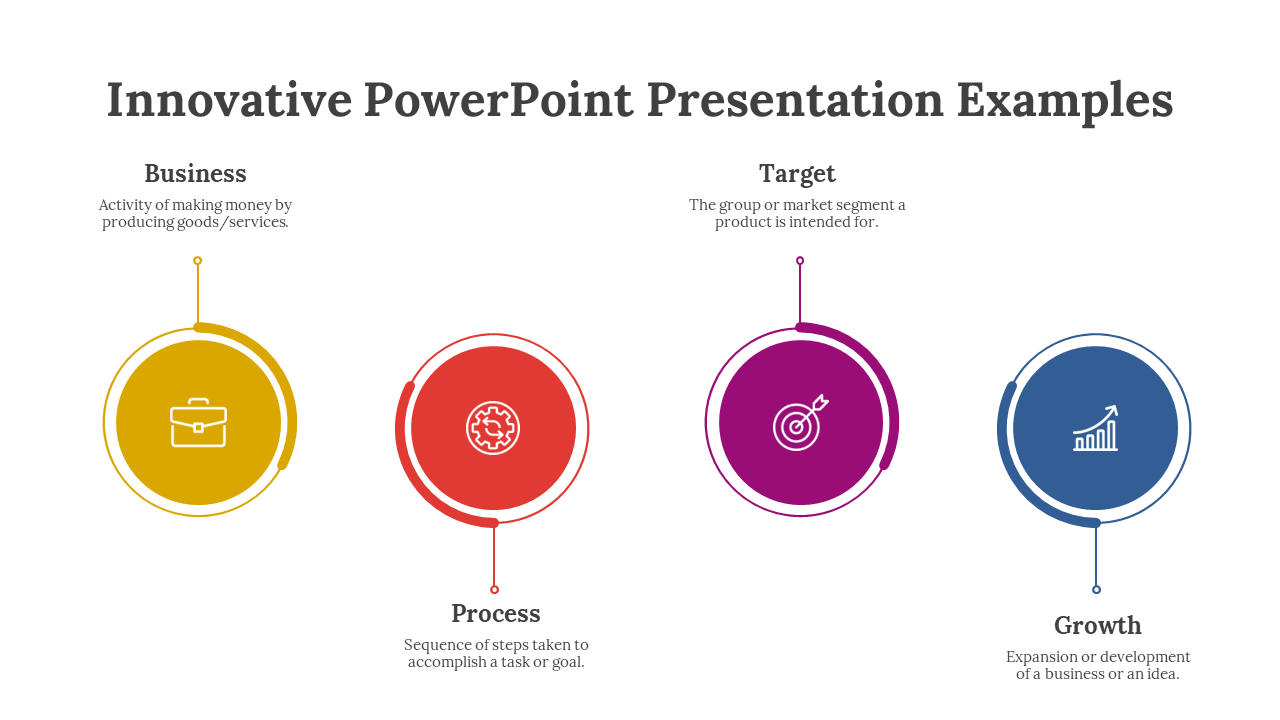 Slide displaying 4 colorful circular sections Business, Process, Target, and Growth, each with icons and descriptions.