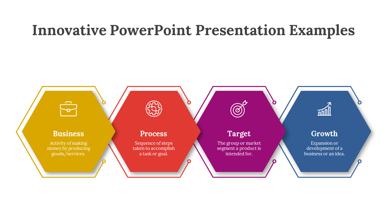 Colorful hexagonal PPT slide with four steps Business, Process, Target, and Growth, each with icons and descriptions.