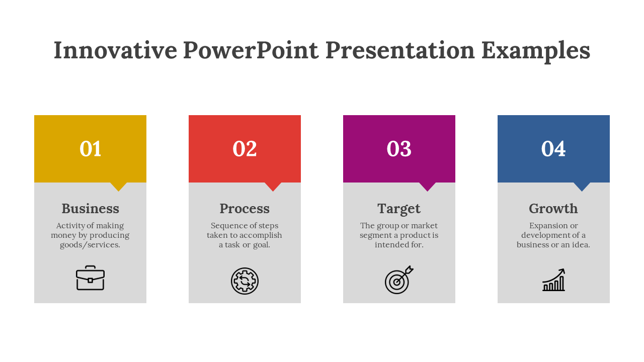 Color coded four step PowerPoint slide showcasing Business, Process, Target, and Growth with icons and descriptions for each.