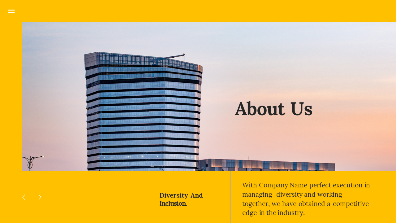 Company profile slide with about us text and a modern building image, featuring a yellow banner.