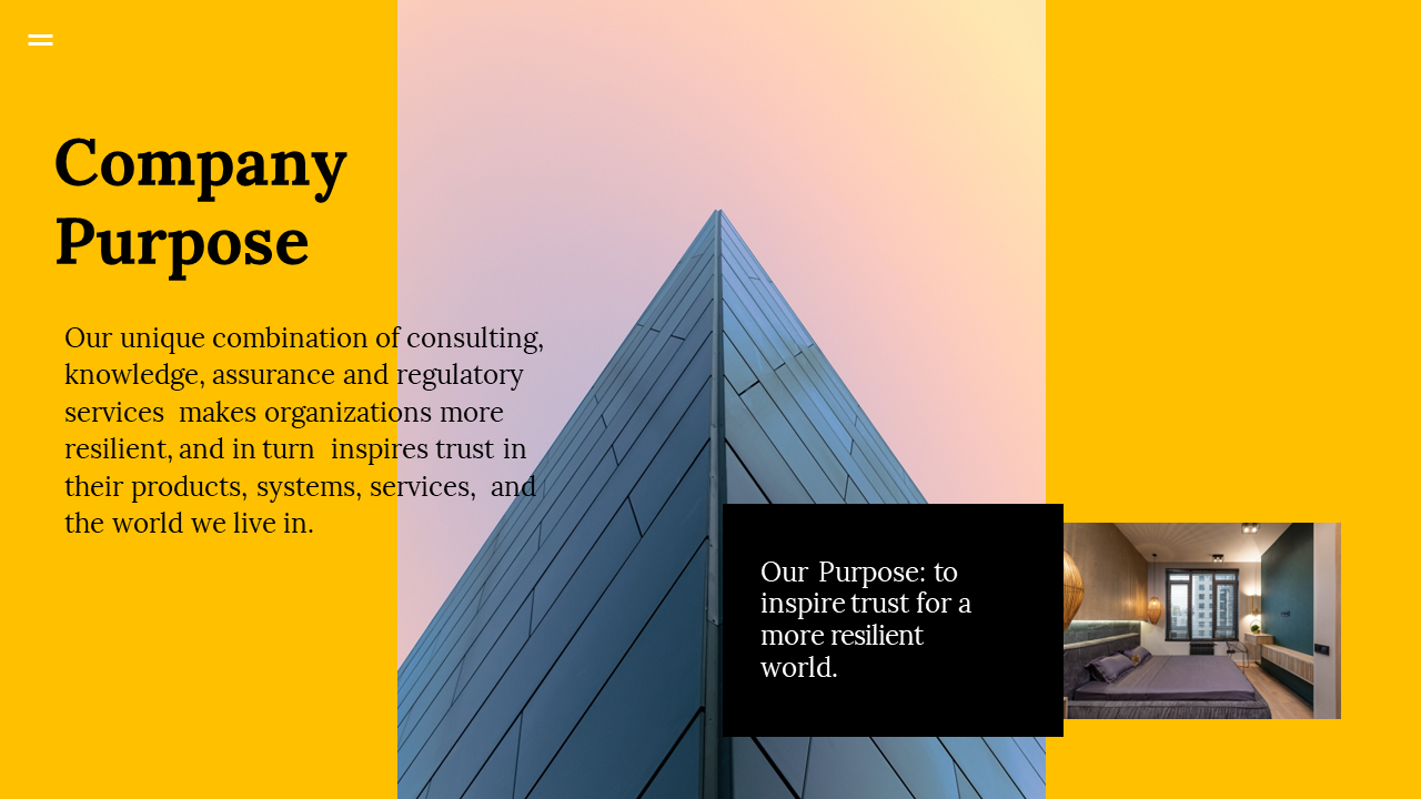Slide featuring the company's purpose to inspire trust and resilience, accompanied by a photo of a sleek building.