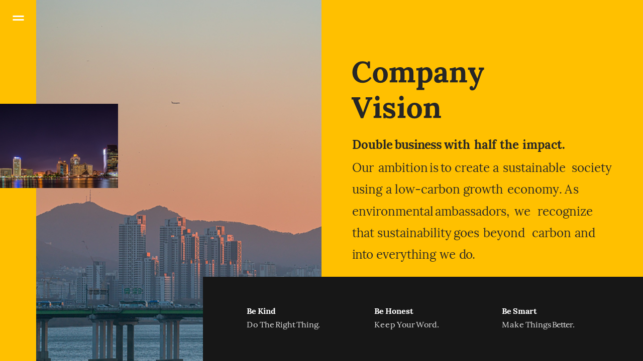 Company Vision slide showing a commitment to sustainability and low carbon economy, paired with images of a city skyline.