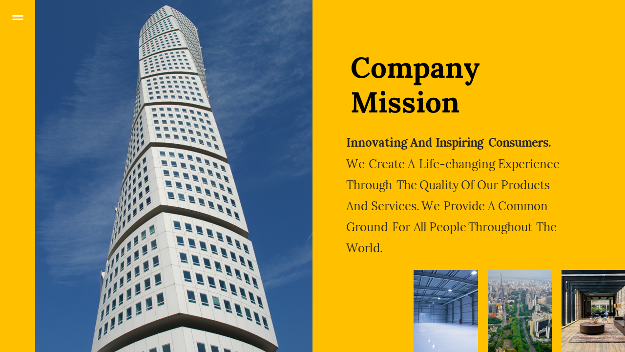 Slide displaying company mission on inspiring consumers, with visuals of a modern skyscraper and various indoor environments.
