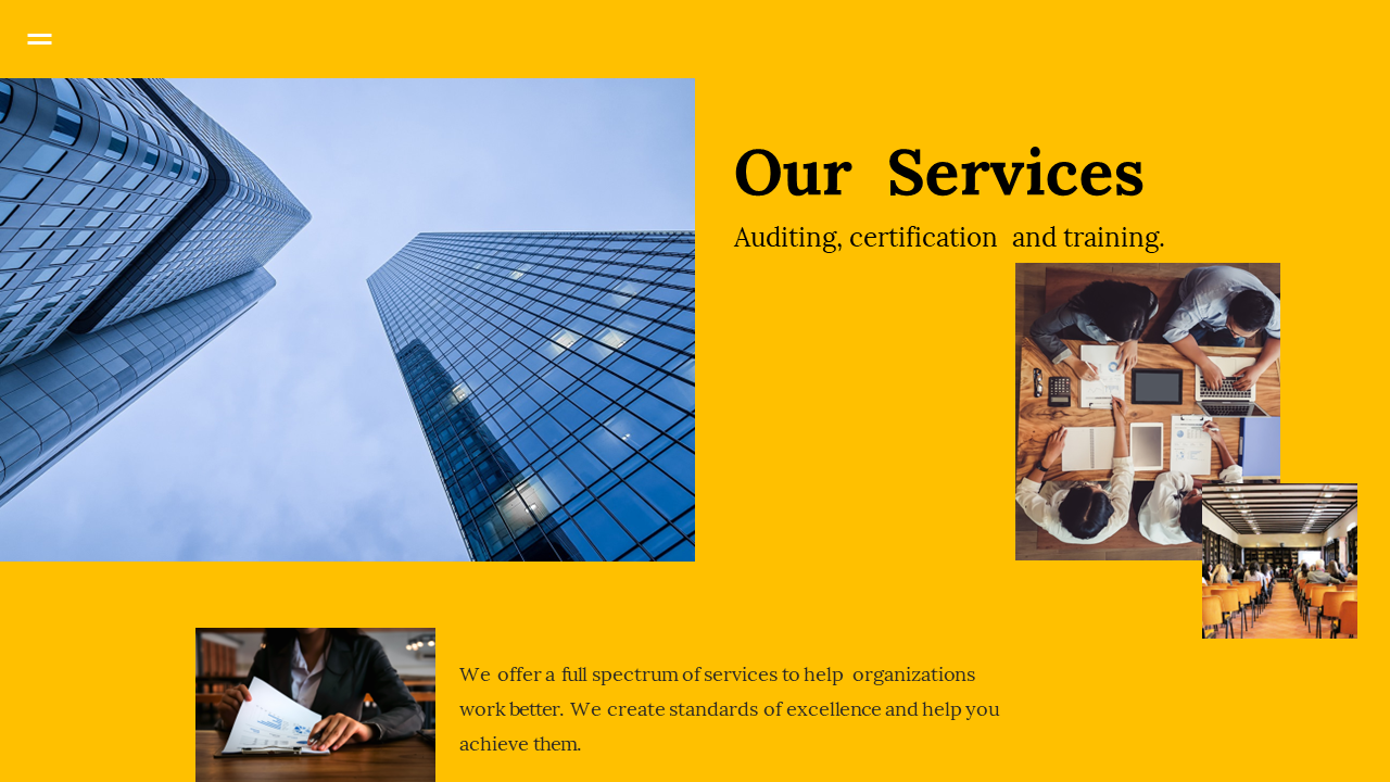 Slide showcasing company services in auditing, certification, and training, with images of skyscrapers and office teamwork.