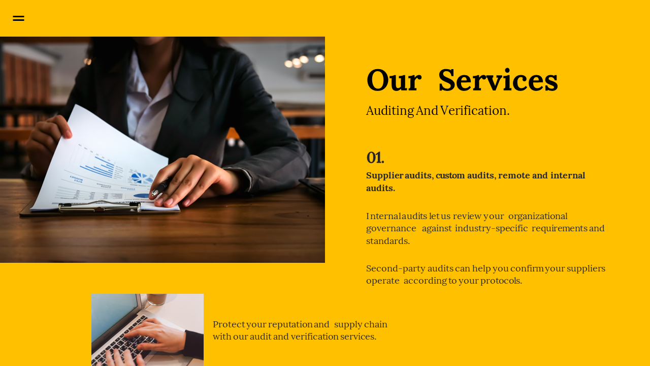 Yellow slide about auditing and verification services, featuring a woman reviewing charts and data with text descriptions.