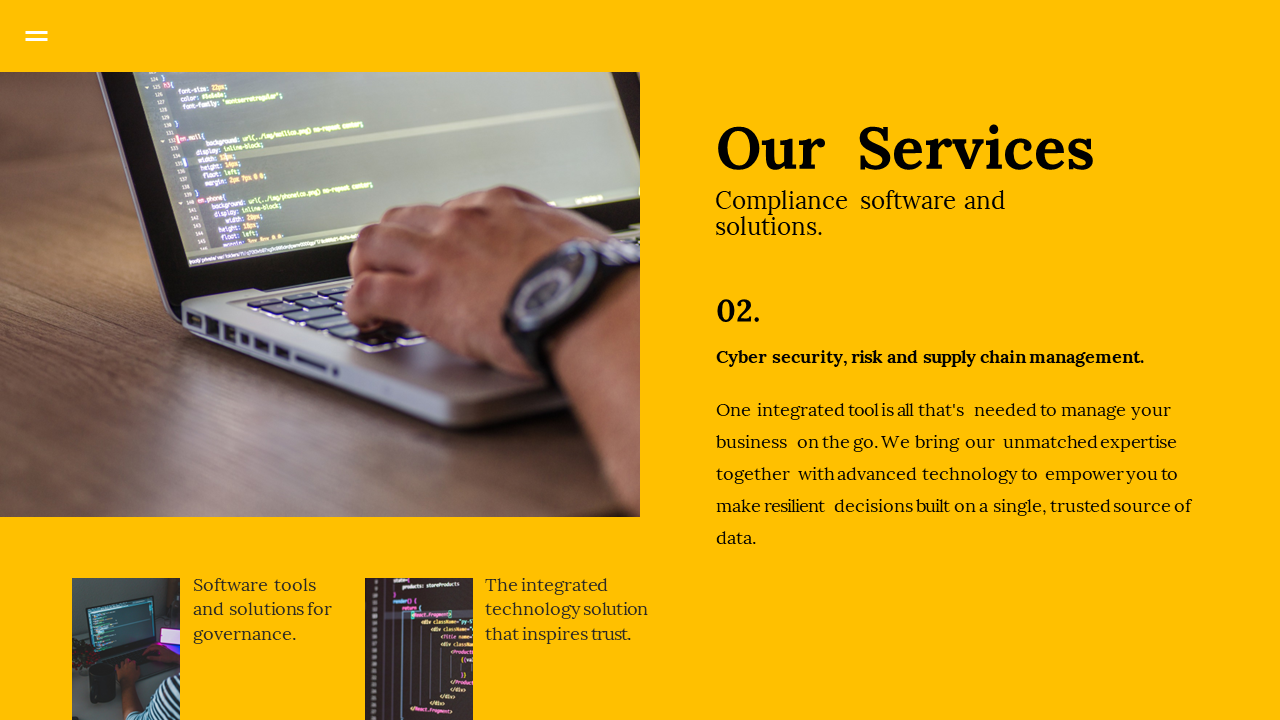 Slide showcasing compliance software and solutions featuring a person working on code on a yellow backdrop.