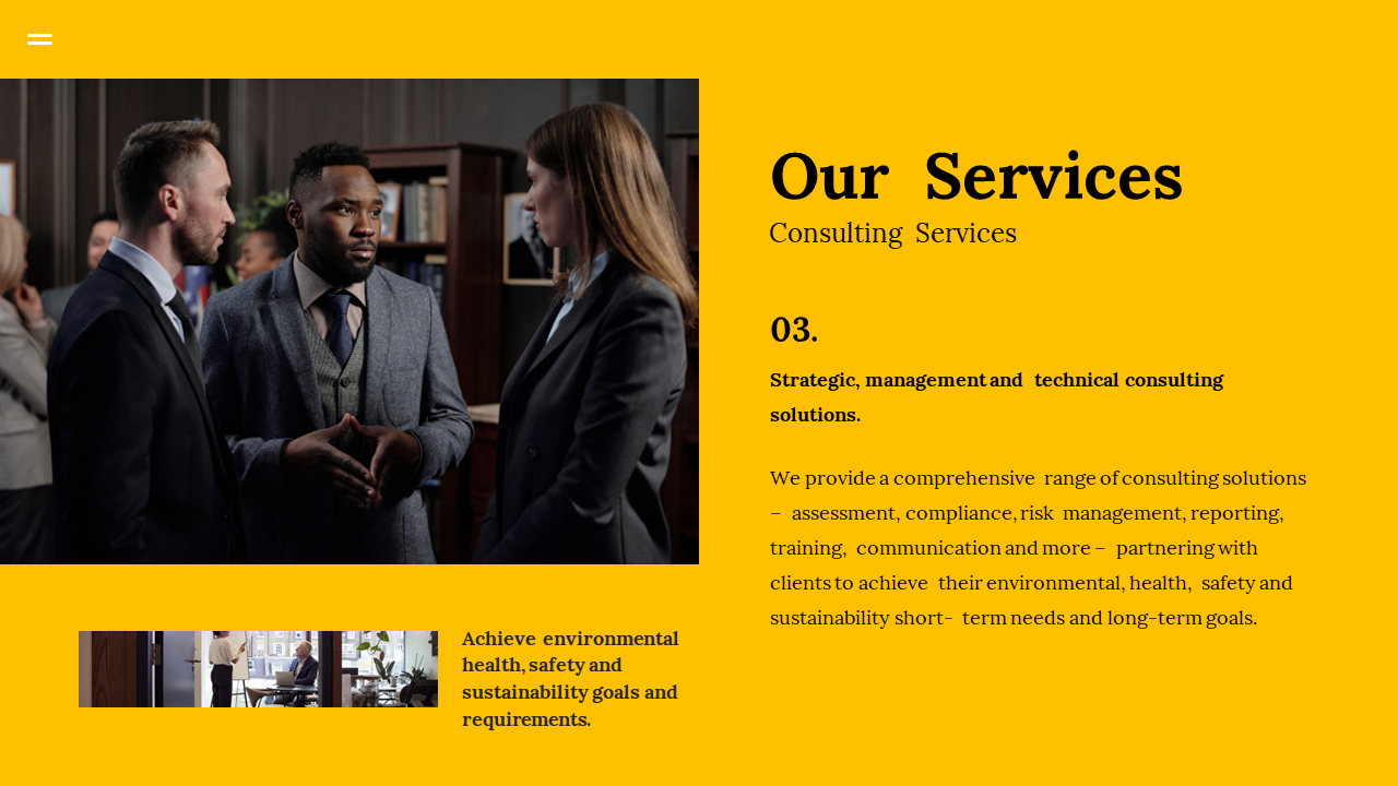 Our consulting services slide features professionals in a business meeting with text descriptions on a yellow backdrop.