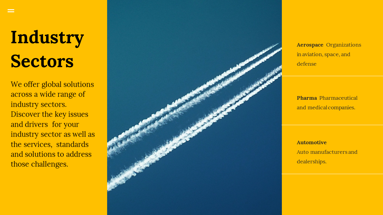Slide featuring industry sectors with a clear blue sky and aircraft contrails, showcasing aerospace on a yellow backdrop.