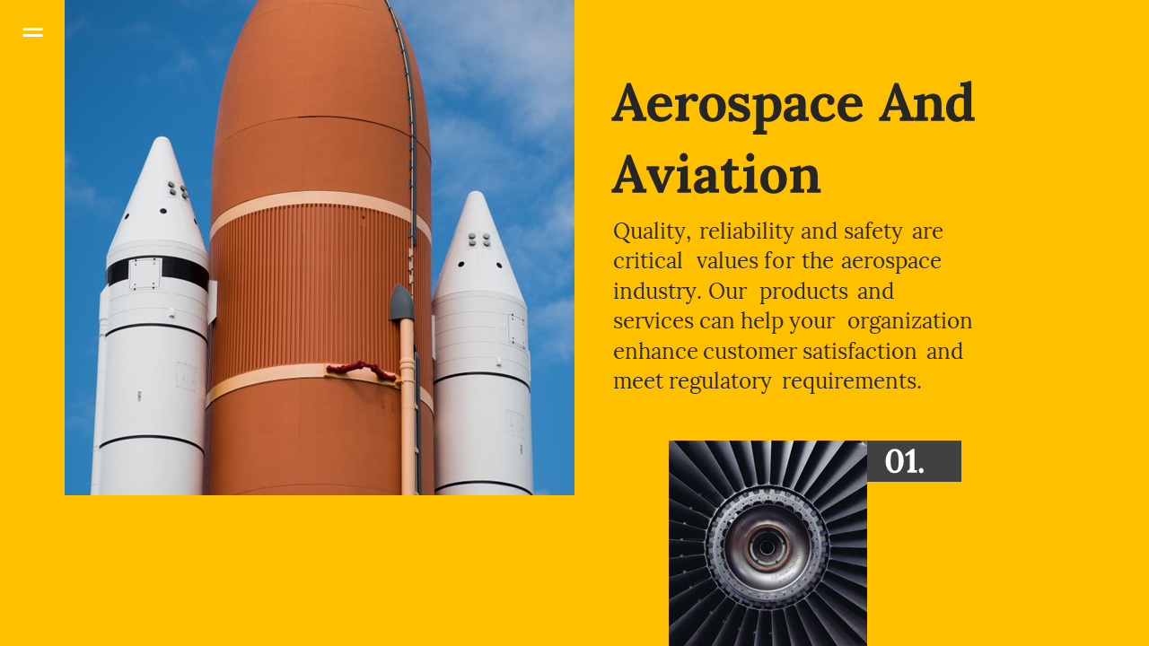 Aerospace and aviation slide showcasing a rocket and turbine engine with key points on a yellow backdrop.