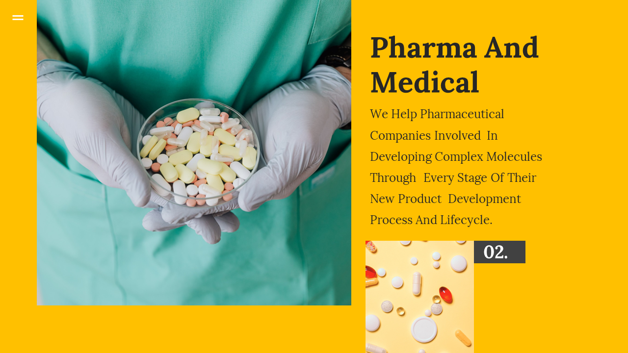 Pharma and medical services slide shows a person holding a dish of various pills on a yellow backdrop.