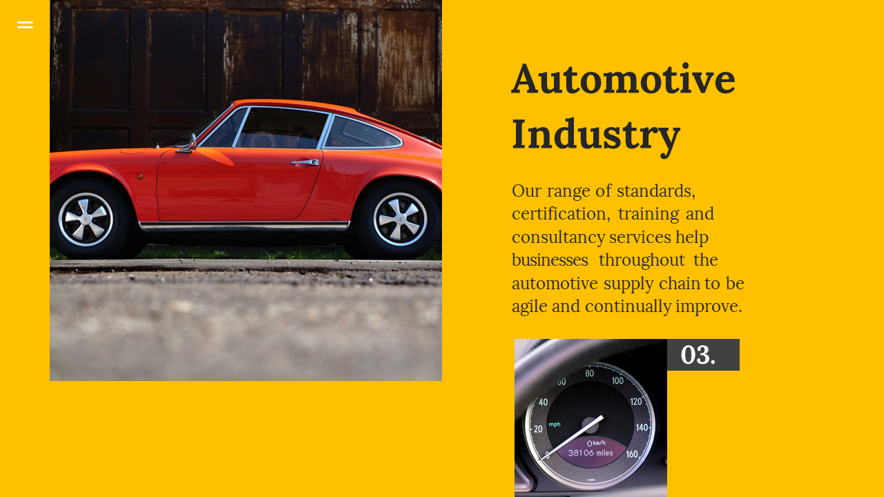 Slide on automotive industry services featuring a red car and a close up of a speedometer on a yellow backdrop.