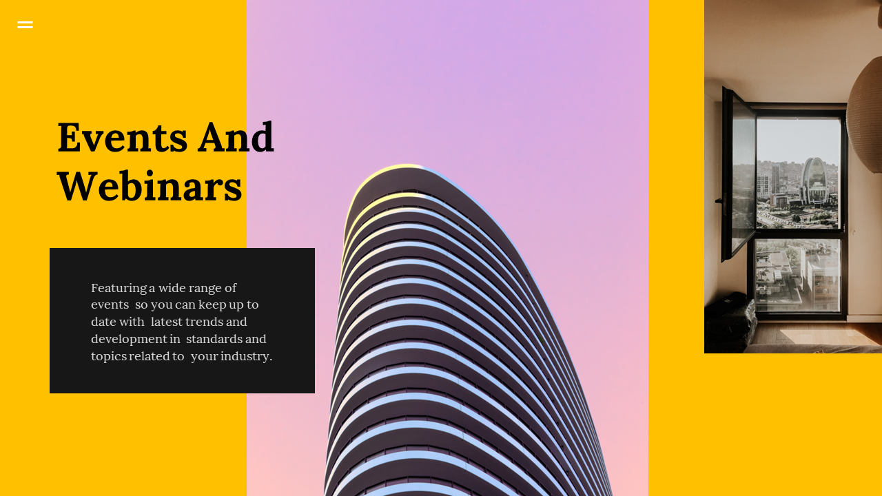 Events and webinars slide with an image of a modern building, featuring a wide range of events on a yellow and pink theme.