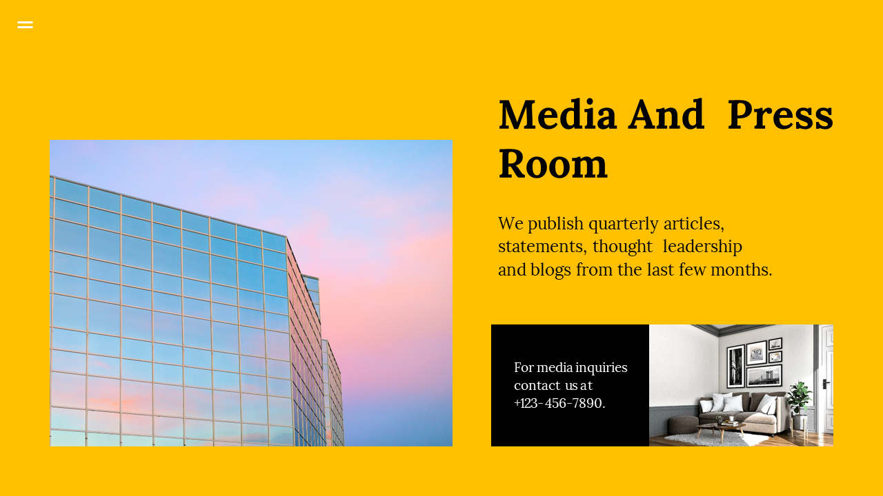 Media and press room slide with a photo of a glass building exterior, highlighting published articles on a yellow backdrop.