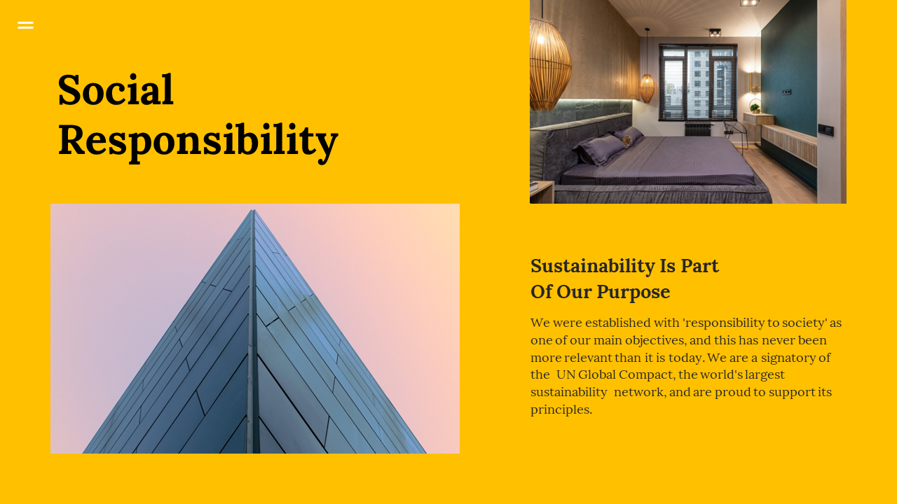 Social responsibility slide featuring an image of a modern building, emphasizing sustainability on a yellow backdrop.