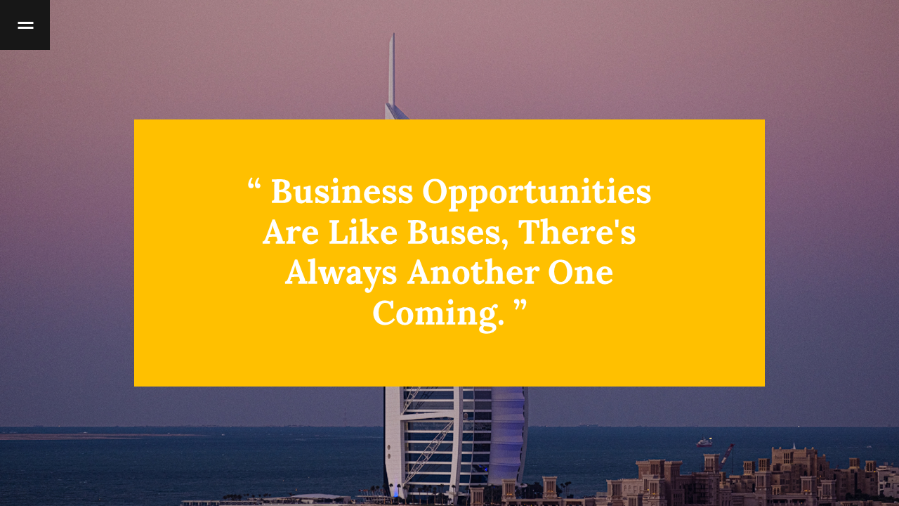 Inspirational quote about business opportunities in a yellow box with a cityscape backdrop at sunset.