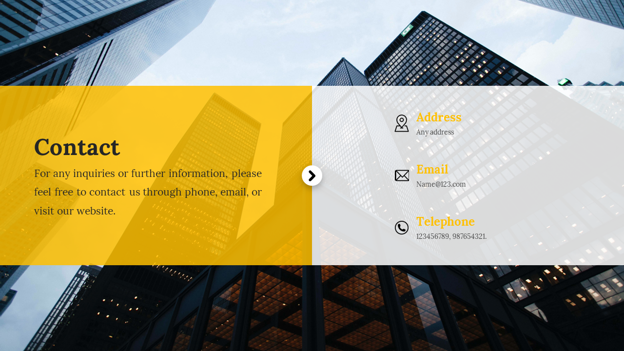 Contact slide with details for inquiries, including address, email, and telephone with a backdrop of modern office buildings.