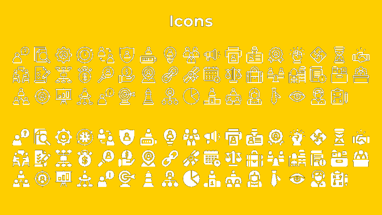 A variety of black and yellow icons including people, money, graphs, and tools are arranged in two rows on a yellow backdrop.