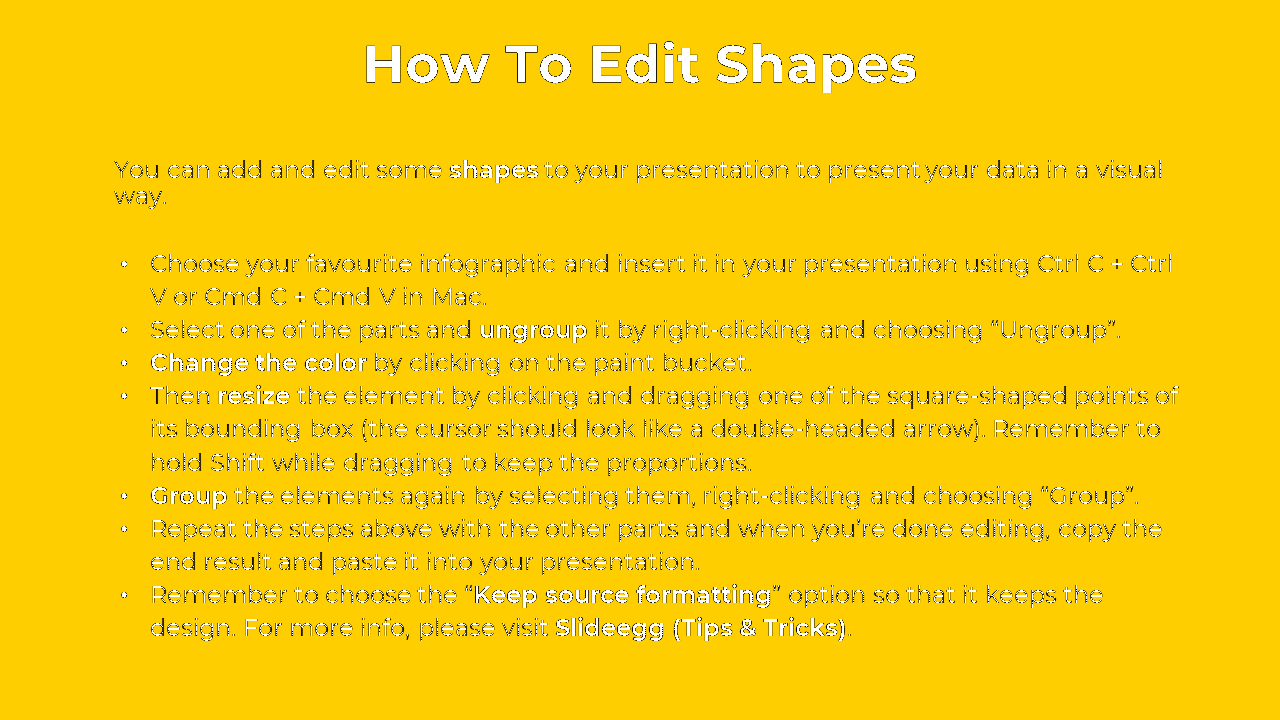 PPT tutorial on how to edit shapes, including steps for ungrouping, color changes, resizing, and grouping in yellow backdrop.