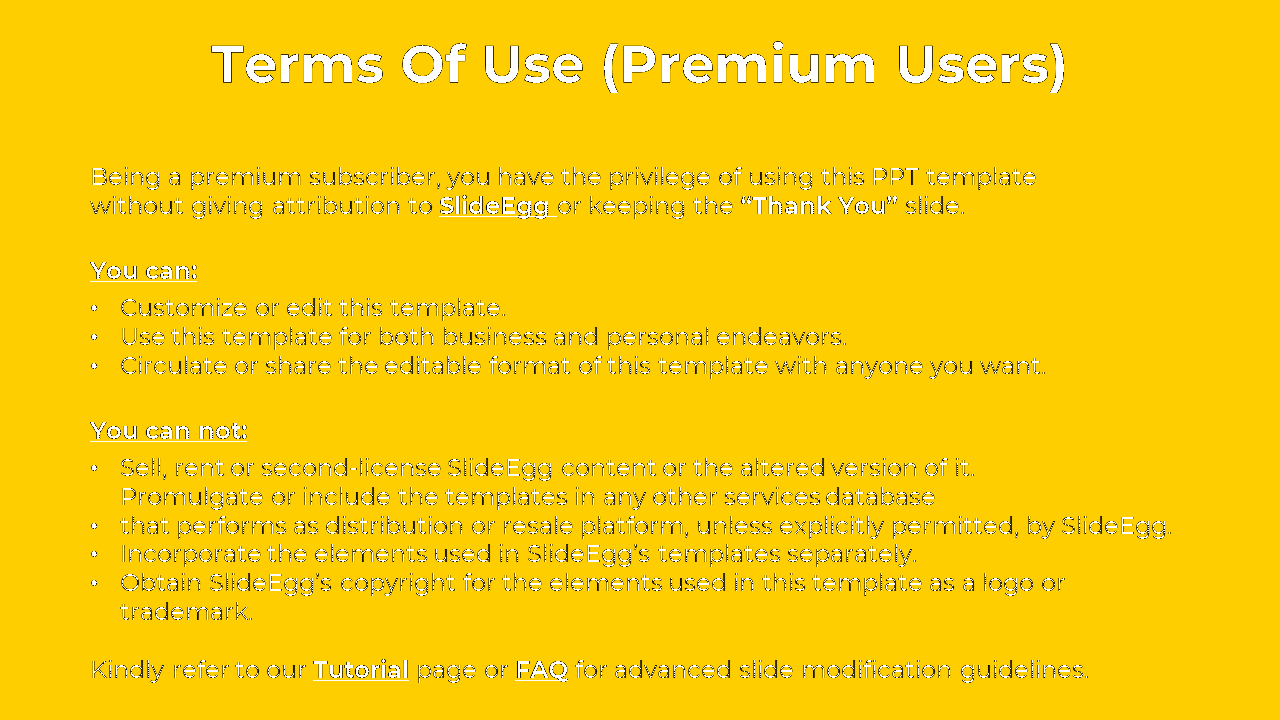 Terms of Use for premium slideEgg users with bullet points on a yellow backdrop.
