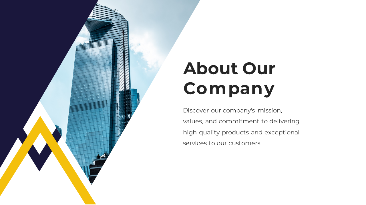 About our company slide with a city building background and text explaining on a white and dark blue.