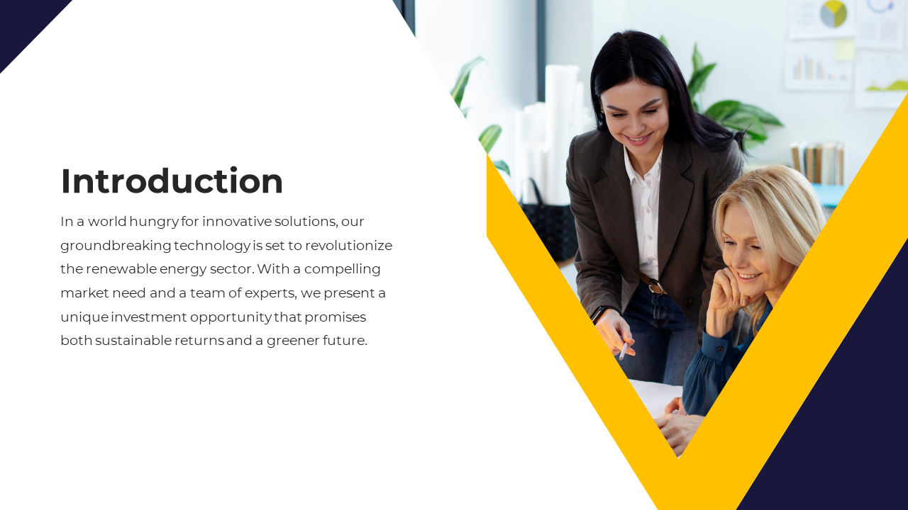 Introduction slide with two women in a modern office discussing an innovative solution in renewable energy on a white theme.