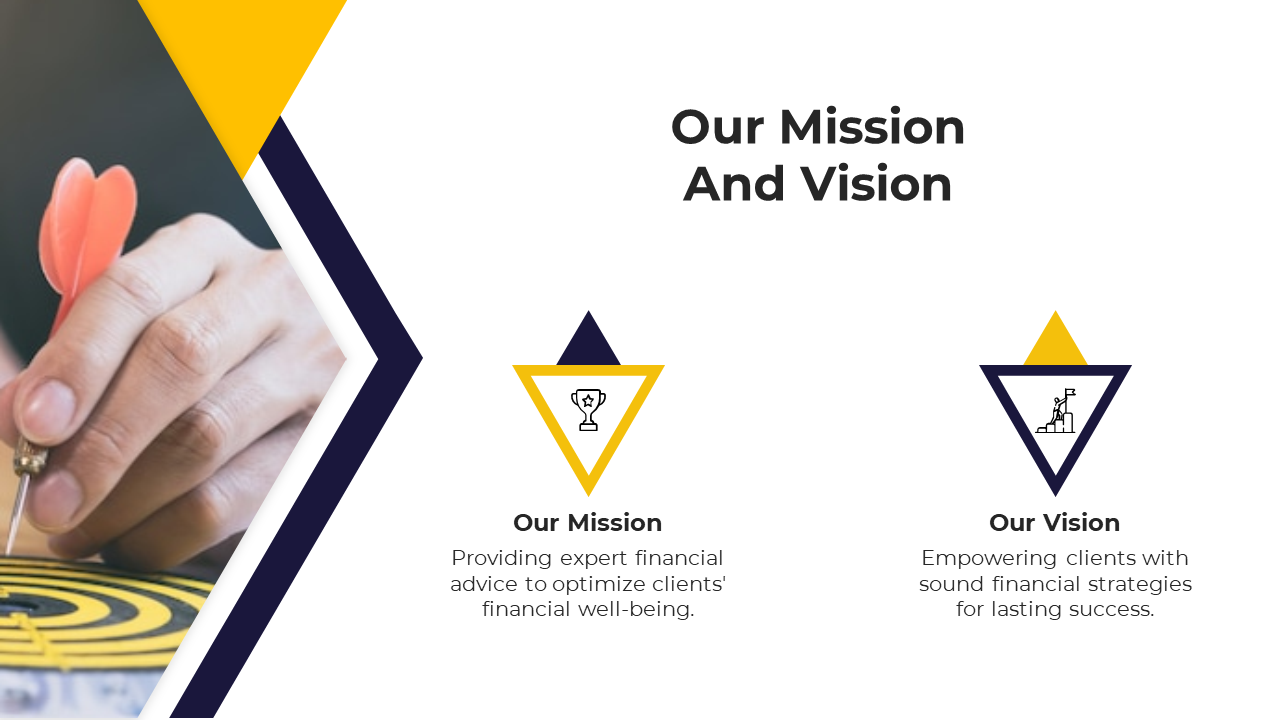 Mission and vision statement slide showing a financial advisory firm's objectives with a dartboard and target symbol.