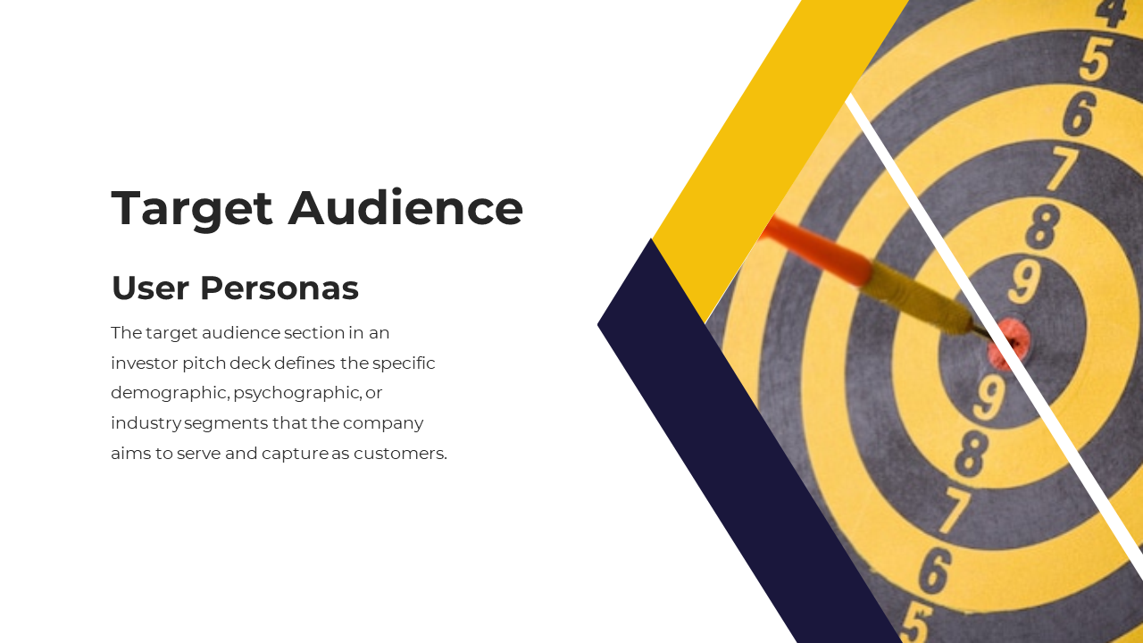 Investor pitch slide with a yellow dartboard, highlighting the target audience and user personas section of the presentation.