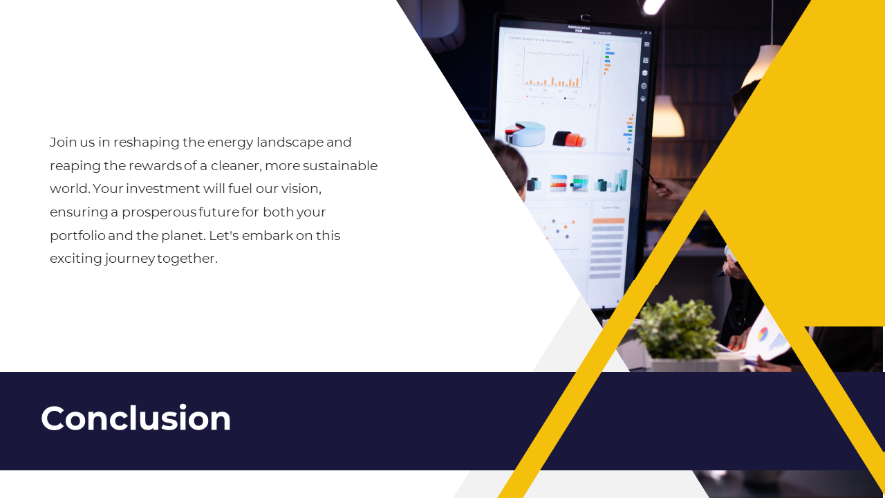 Conclusion slide with a call to action for reshaping the energy sector, featuring a team collaborating over digital data.
