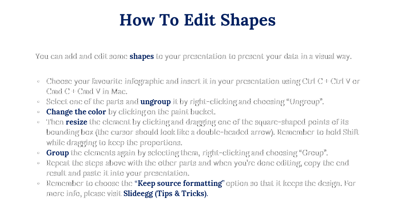 A detailed guide on how to edit shapes in PPT, including instructions on ungrouping, changing colors, and grouping elements.