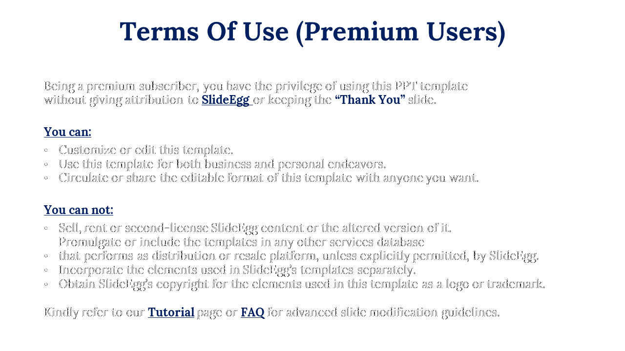 Terms of Use for premium users of SlideEgg, detailing rights to customize templates without attribution on a white theme.
