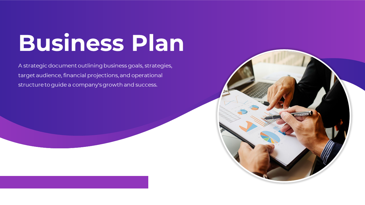 Collection of business slides with purple accents showcasing sections like products, services, and operational plans.
