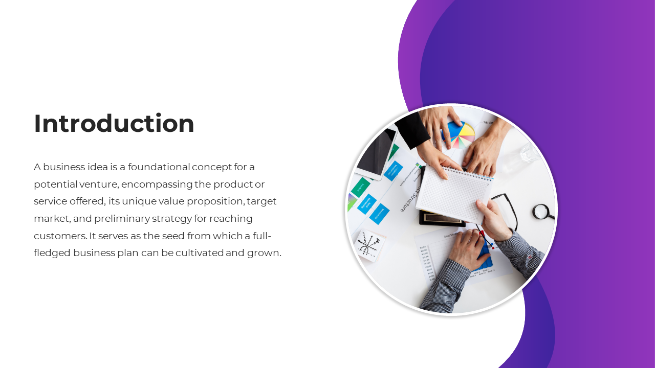 Introduction slide shows a top down view of hands brainstorming around a notepad and documents on a purple and white theme.