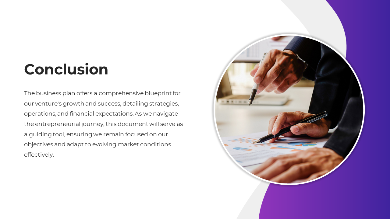 Conclusion slide summarizes the business plan as a blueprint for growth and a hands review of financial documents with pens.