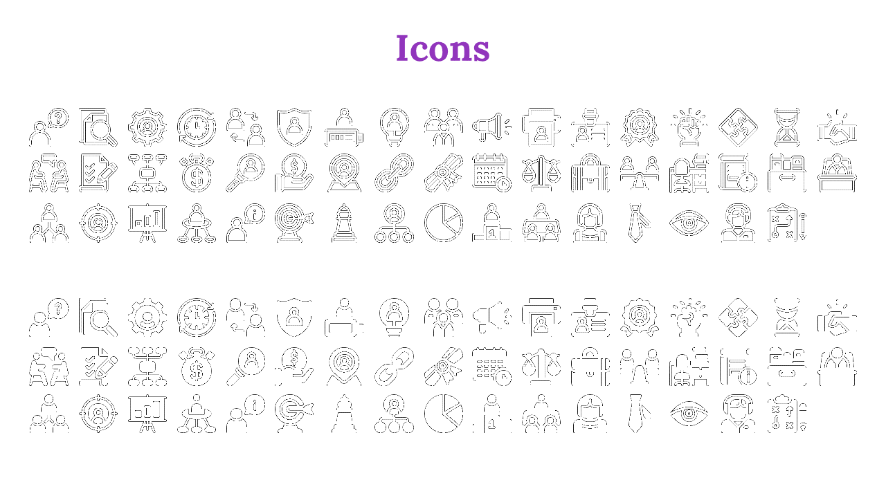 Slide displays a collection of various business and management related icons in two rows, including symbols on a white theme.