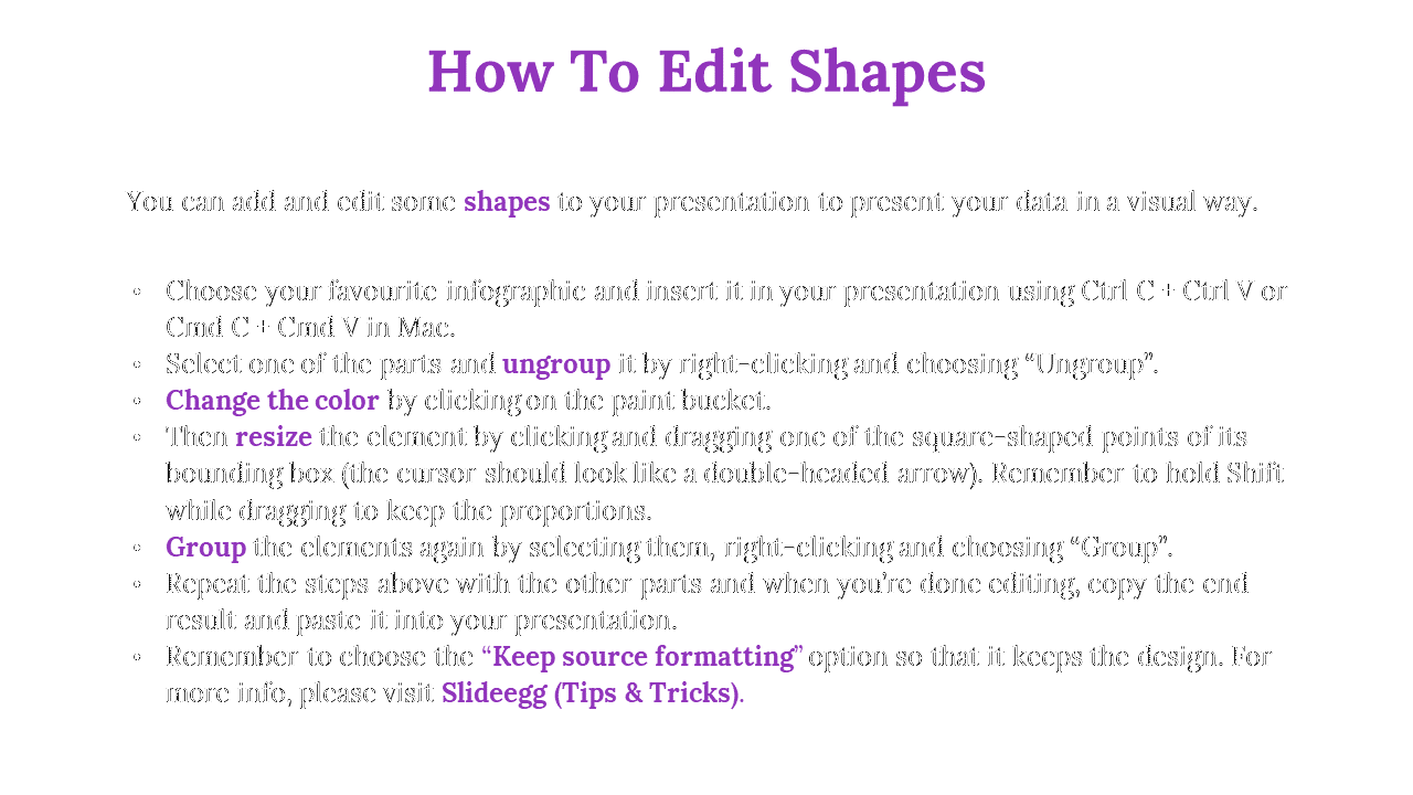 A guide on how to edit shapes in a presentation, including steps to ungroup, change color, resize, and group elements again.