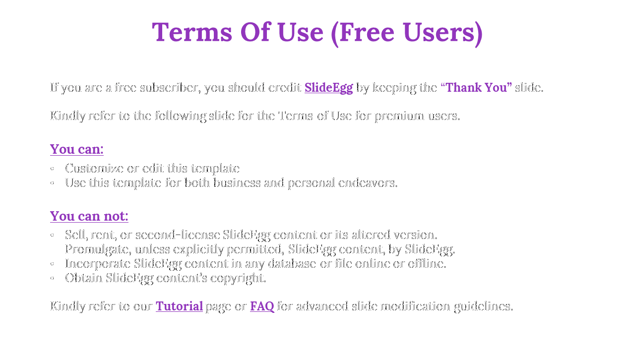 Slide explains the Terms of Use for free users detailing what can and cannot be done with SlideEgg templates in white theme.