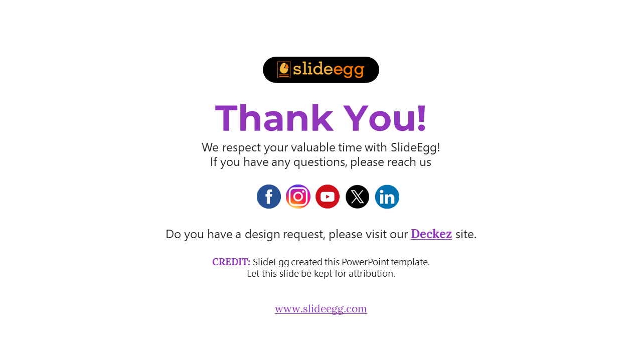 Thank you slide with contact information and social media links, inviting users to visit Deckez for design requests.