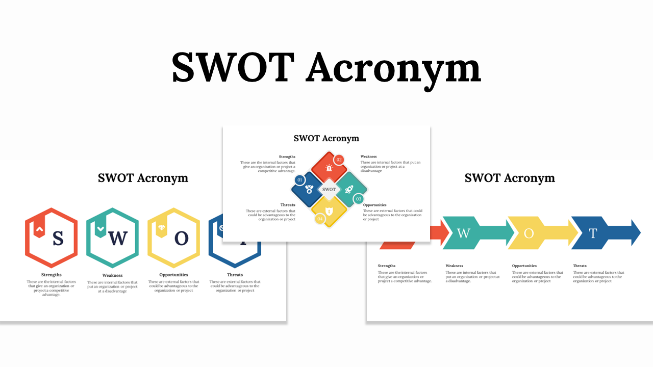 Slides displaying the SWOT acronym with different colorful layout designs and icons with detailed explanations.