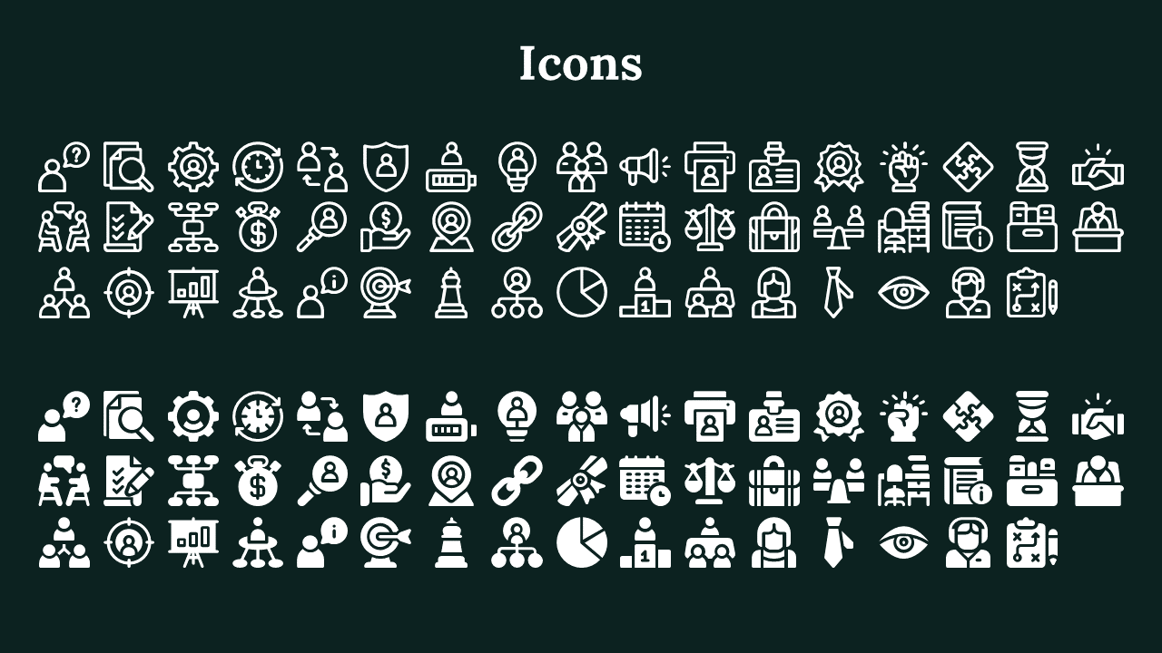 Set of business and process icons, including people, magnifying glass, calendar, and shield symbols on a dark backdrop.