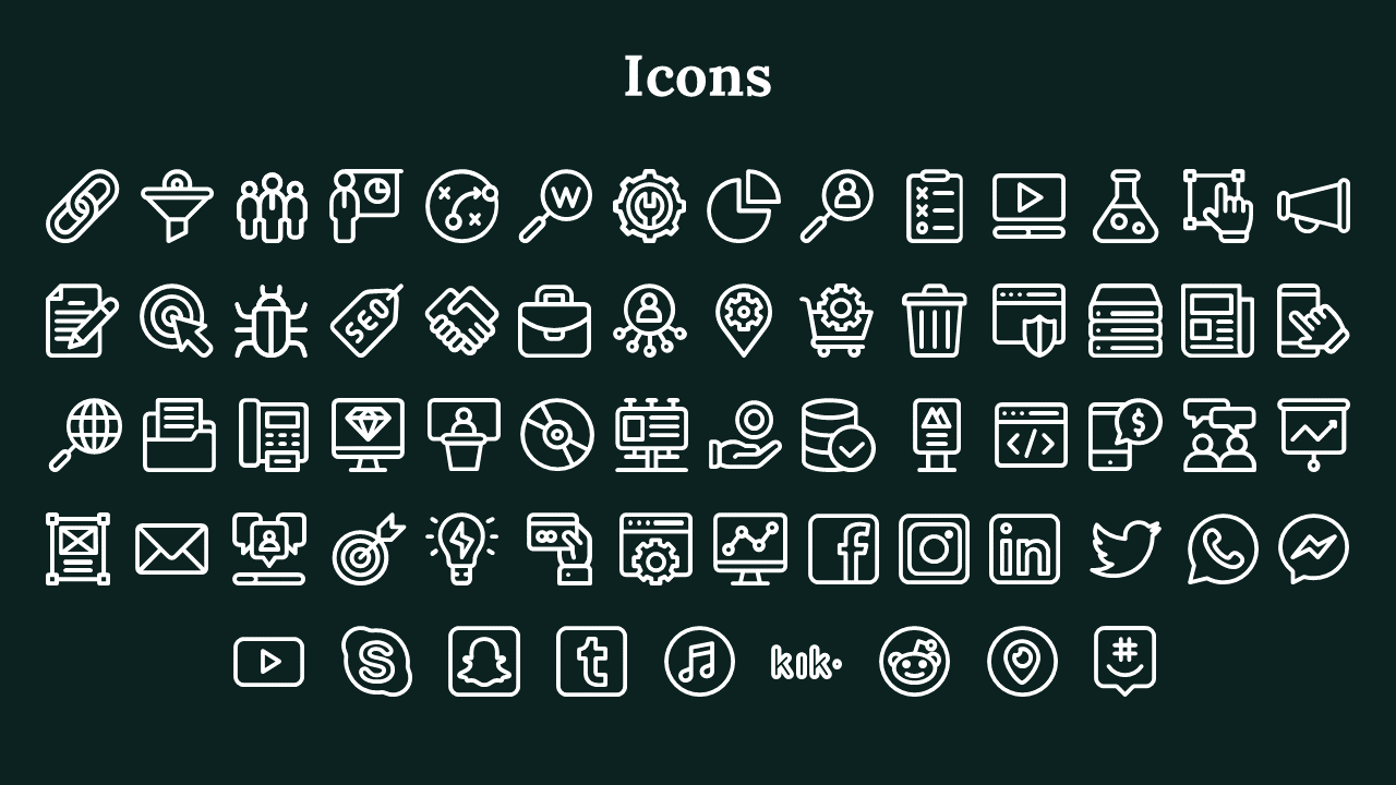 A collection of white icons representing various digital and business concepts like social media, SEO, and communication.