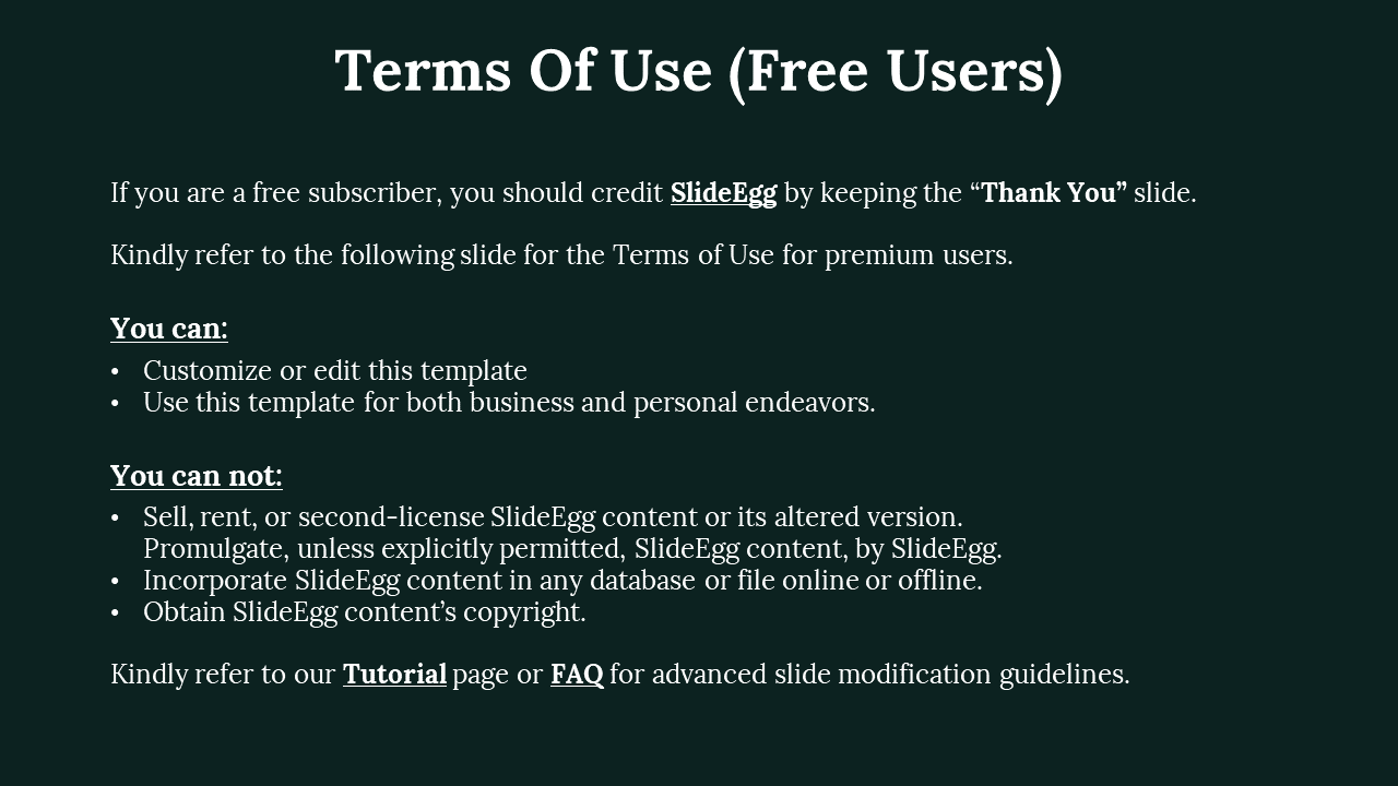 Terms of Use for Free SlideEgg Users with bullet points on a dark backdrop.