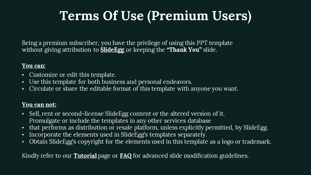 Terms of Use for Premium SlideEgg Users with bullet points on a dark backdrop.