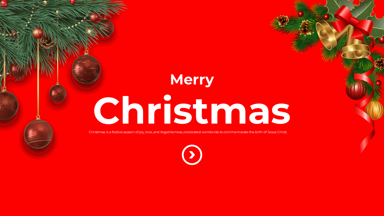 Christmas PowerPoint template with festive decorations, red background, and holiday themed slides.