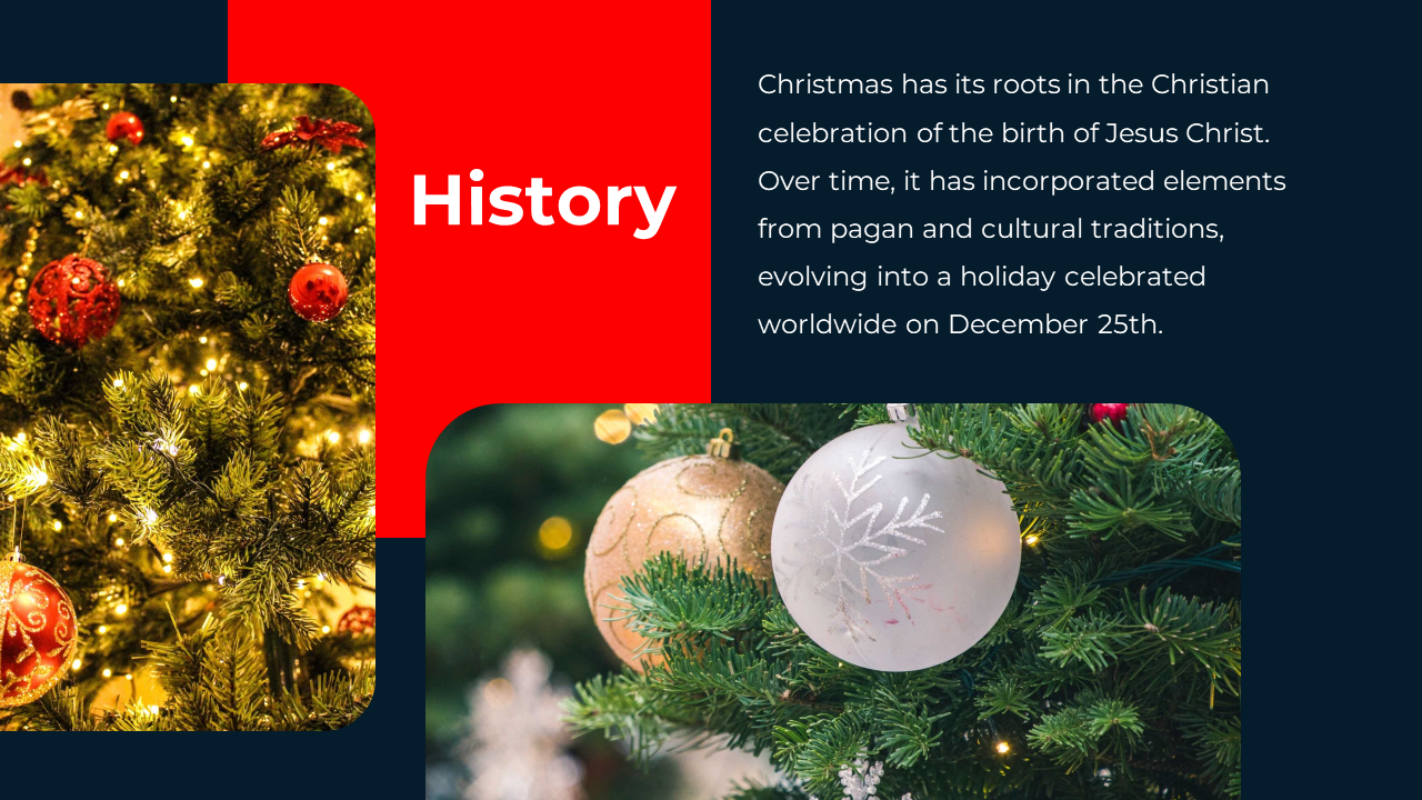 Slide about Christmas origins, mentioning Christian roots and cultural influences and close ups of decorated Christmas trees.