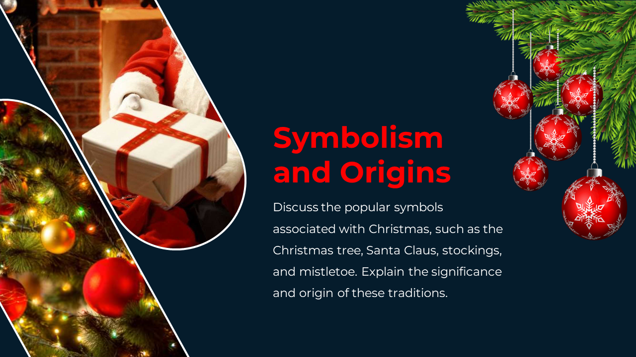 A Christmas themed slide featuring a decorated tree, Santa Claus holding a gift, and festive ornaments with the title.
