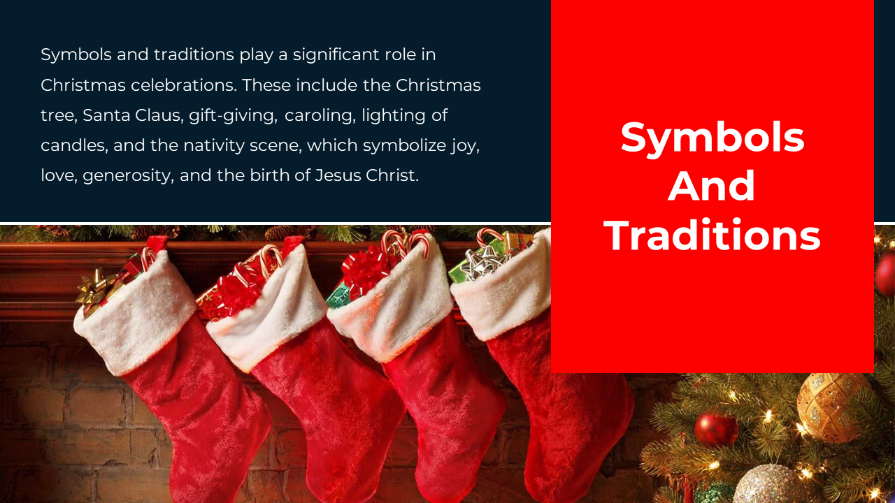 A Christmas themed slide featuring stockings hanging with a festive background, and the title on a red and blue theme.