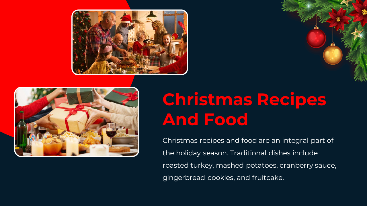 A Christmas themed slide with two images one of a family enjoying a festive dinner and the other of hands exchanging gifts.