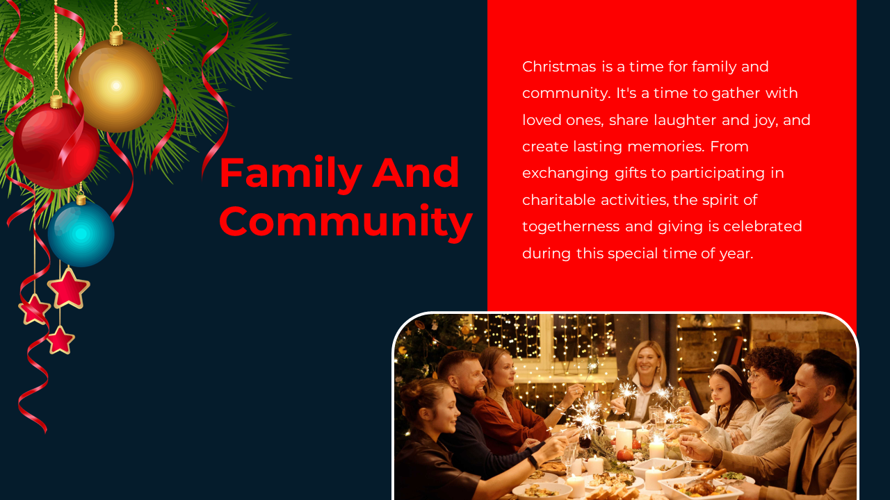 A Christmas themed slide with a vibrant red and blue background featuring ornaments and ribbons alongside a family enjoying.
